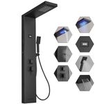 Bathfinesse Black Shower Panel LED Light Rainfall Bathroom Shower Panel Tower System Body Massage 5-Functions with 3 Modes Handheld Shower Tub Spout Body Jet Temperature Display Wall Mount