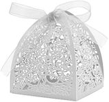 Auto-plaza 50 Pieces Beauty Laser Cut Favor Boxes DIY Wedding Birthday Gift Candy Boxes with Ribbons (White)