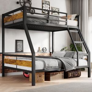 Feonase Metal Bunk Bed Twin Over Full with Ladder and High Guardrail, Heavy-Duty Metal Slats Support, Noise Free, No Box Spring Needed, for Kids and Juniors, Vintage