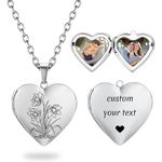 PHOCKSIN Silver Heart Locket Necklace 12 Birth Flowers Personalised Love Heart Necklace that Holds Pictures Customised Gifts Locket Necklaces for Girls Birthday