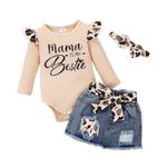 4PCS Infant Newborn Baby Girls Romper Dress Clothes Outfits Set Long Sleeve Ruffle Bodysuit Denim Skirt With Pocket Headband Brown 9-12 Months