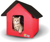 ECP New Indoor/Outdoor Cat House Doors - Fleece Heating Pad, Ties Downs for Secure Placement, Two Exits, Weather-Proof, and Collapsible -Red/Black