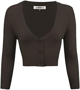Women's Cropped Bolero Cardigan – 3/4 Sleeve V-Neck Basic Classic Casual Button Down Knit Soft Sweater Top (S-3XL) Coffee