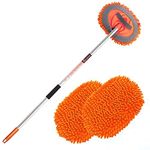 GreatCool 62" Car Wash Brush Kit With Long Handle, 2 in 1 Orange Chenille Microfiber Car Wash Mop Cleaning Mitt for Truck SUV Cars RV Caravans and Household Clean, Scratch Free(2 x Mop Head)