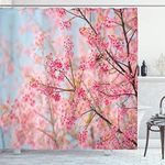 ABAKUHAUS Floral Shower Curtain, Japanese Sakura Cherry Blossom Branches Full of Spring Beauty Picture, Cloth Fabric Bathroom Decor Set with Hooks, 86 Inches Extra Long, Pale Pink Baby Blue