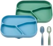 NumNum Silicone Toddler Suction Plates for Baby - 100% Food Grade Divided Plate w/Easy Release Tab, BPA Free & Dishwasher Safe - Non-Slip Dishes for High Top, Dining Table - Blue/Green + 2 Gootensils