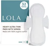 LOLA Ultra Thin Menstrual Pads with Wings, Heavy Absorbency - 32 Count - Organic Cotton Topsheet & Core, Natural Ingredients, Chlorine & Toxin Free, Powerful Leak Protection - BPA Free