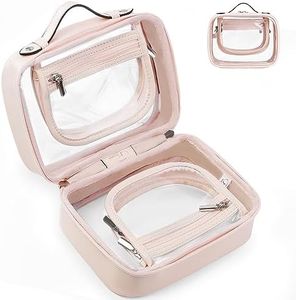 Cessfle Clear Travel Makeup Bag Double Sided Travel Cosmetic Bag Waterproof Transparent Toiletry Bag Flat Lay Makeup Organizer Case with Compartments for Women, Pink, S, Casual