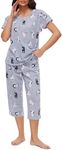 CHUNG Women Cotton Pajama Sets Sleepwear pjs Short Sleeve Shirt Capri Length Crop Pants Cute Vivid Print, Grey Cat, Large