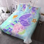 BlessLiving Mermaid Tail Bedding Set for Kids Girls, Mermaid Pattern In Aqua Blue and Purple Duvet Cover Set, Cute Mermaid Tail Girly Reversible Comforter Cover (3 Piece Double Size)