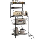 HOMCOM Kitchen Bakers Rack with Power Outlet, Microwave Stand, Coffee Bar with Adjustable Shelves, 5 Hooks for Spices, Pots and Pans, Distressed Grey