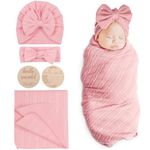 BQUBO Baby Swaddle Blankets for Girls, 4PCS Newborn Accessories Set with Matching Hat and Bow Headband with Hello World Wooden Birth Announcement Card, Baby Blankets for Girls (Pink)