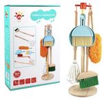 Wooden Montessori 6 Piece Cleaning Pretend and Play Mopping Toy Set for Boys and Girls Includes Broom, Brush, Dustpan, Mop Duster and Hanging Stand Kit for 3,4,5,6 Year Old Boy/Girl