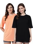 FUNDAY FASHION Cotton Half Sleeve Printed Oversized T-Shirt for Womens/Girls (Pack of 2) (Large, Black & Peach)