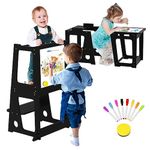 4 in 1 Kitchen Toddler Step Stool, Wooden Kitchen Stool Helper with Whiteboard and Safety Rail, Anti-Slip Protection, Kids Learning Standing Tower for 1.5 to 5 Years Old, Kitchen Counter Bathroom Sink