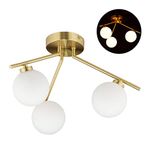 Relaxdays Ceiling Light, 3 Way, G9 Bulbs, Glass Lampshades, Midcentury Lamp, H x D: 24.5 x 36 cm, Golden, Iron, Gold