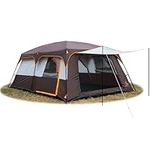 KTT Extra Large Tent 12-14 Person,Family Cabin Tent,2 Rooms,Straight Wall,3 Doors 3 Windows with Mesh,Straight Wall,Big Tent for Outdoor,Picnic,Camping,Gathering(Brown)