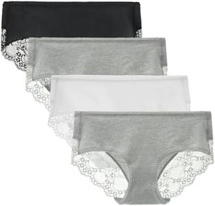 LIQQY Women's 4 Pack Cotton Mid Rise Full Coverage Lace Hipster Brief Panty Underwear (Medium, Black/White/Grey)