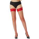 MANZI Fishnet Hold Up Stockings - Women Lace Net Stockings Lingerie Sexy,Red,L