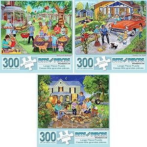 Bits and Pieces-Value Set of Three(3) 300 Piece Jigsaw Puzzles for Adults-Each Puzzle Measures 18" X 24" - 300 pc Backyard Barbeque, Family Car Wash, Marshmallow Roast Jigsaws by Artist Sandy Rusinko