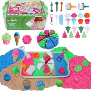 greenglo Kids Sensory Sand Playset - 2.2 LBS Colored Sand (1* Soft Magic, 3* Firm Modeling) with 23 Cake & Dessert Molds w Sensory Bin, Educational Sand Kit for Toddlers & Kids Ages 3-8