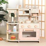 CUTE STONE Wooden Play Kitchen for Kids, Pretend Kitchen Playset with Coffee Maker, Oven, Microwave, Cookware Accessories, Play Sink, Educational Mini Kitchen Gift Toys for Boys Girls