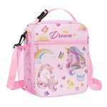 Clastyle Kids Insulated Lunch Bag for Girls | Large Portable Lunch Cooler Bag for Traval Picnic School Daycare, Lightweight Lunch Box with Bottle Holder, Straps | Pink Unicorn Rainbow