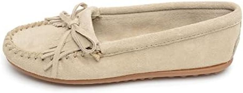 Minnetonka Women's Kilty Suede Hardsole Moccasin, Stone, 7 M US