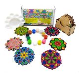 StepsToDo Wooden Mandalas Paint Kit B. Tea Coaster Set. Mandal Art. Set of 6 of Wooden Base of 4 inch. with Wooden Case, Colours, Painting Brush and Dish