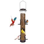 MIXXIDEA 1PK Metal Bird Feeders with 6 Feeding Ports,Tube Bird Feeder with Steel Hanger,Hard Plastic Wild Bird Feeder for Outdoors Hanging, Attracting Birds in Your Lawn, Garden, Balcony–Coffee