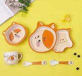 VELLIQUE ; AN E-COMMERCE BRAND Cartoon Animal Bamboo Fiber Dinnerware Plate and Bowl Set for Kids Toddler Plate Bowl Cup Spoon Fork Eco Friendly Non Toxic Baby Utensil Set of 5 Pcs (Puppy)