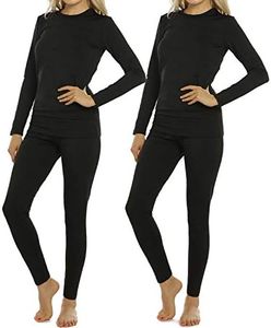 ViCherub 2 Sets Womens Thermal Underwear Set Long John Fleece Lined Top Bottom Base Layer, Black+black, Small