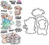 Animals Dies and Stamp Sets for Card Making DIY Scrapbooking Koalas Metal Cutting Die and Transparent Silicone Seal Stamping Stamp for Paper Crafting Handmade Crafts Koala-Ty Time Words Stamps