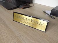 Personalised Desk Name Plate, Custom Engraved Desk Sign, Plaque, Office Sign Acrylic Name Plate| Black Acrylic and Gold Engraving Sheet with Lettering Size 21 * 6 * 5 cm