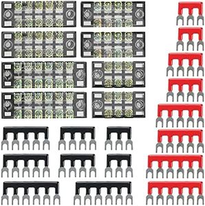 OCR 8 Sets Terminal Blocks, 8 Pcs 3/4/5/6 Positions 600V 15A Dual Row Screw Terminal Strip Blocks with Cover, 16 Pcs 600V 15A 3/4/5/6 Positions Pre-Insulated Terminals Barrier Strip (Black & Red)