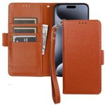 Bocasal Wallet Case for iPhone 15 Pro Max 5G, Genuine Leather Support Wireless Charging RFID Blocking Flip Case Card Slots Holder, Kickstand Book Folding Folio Cover with Wrist Strap 6.7 Inch (Brown)