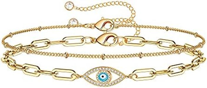 Dainty 14K Gold Plated Layering Bead Chain Bracelet Handmade Paperclip Chain Gold Layered Evil Eye Bracelets for Women Jewelry (CZ Evil Eye&Bead Chain)