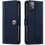 TheGiftKart Genuine Leather Finish Flip Back Cover Case for Samsung Galaxy M32 5G (Inbuilt Pockets & Stand | Wallet Style | Designer Button Magnet Flip Cover | Faux Leather | Blue)