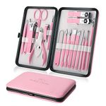 Keiby Citom Manicure Set 18pcs Professional Nail Clippers Kit Pedicure Care Tools-Stainless Steel Grooming Tools With Rose Gold PU Leather Case for Travel & Home (White Pink)