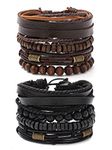 Braided Leather Cuff Bracelets Set Layered Beaded Bracelets for Men Stackable Black Leather Wrap Bracelets for Women