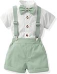Yaopelky Toddler Formal Outfit Kid Gentleman Short Sleeve Shirt Bowtie Boy Suspender Shorts Wedding Suit Boys Outfits (Green, 3-4T)