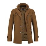 YOUTHUP Mens Winter Coat Mid Length Thick Wool Trench Coats Regular Fit Padded Military Peacoat, Brown, L