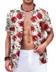 COOFANDY Men's Hawaiian Shirt Casual Short Sleeve Button Down Shirt Summer Beach Shirt, White Rose, Medium