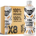 REBEL KITCHEN | Raw Organic Coconut Water with Mango | 100% Organic from Young Green Coconuts | No Added Sugars, Preservative-Free | Low-Calorie Natural Hydration | 8 x 750ml