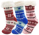 Sherpa Lined Slipper Socks, 3 Pairs for Women, Fluffy Christmas Winter Patterned with Gripper Bottoms, Warm Soft Gift (Fair Isle)