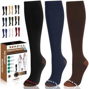 NEWZILL 3 Pairs Copper Compression Socks for Women & Men 15-20mmHg Cotton Rich Odor Control Stocking for Business Casual Running Medical Athletic Support, Edema Diabetic Relief Black Blue Brown XXL