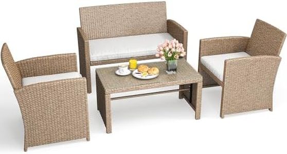 YITAHOME 4-Piece Patio Bistro Set, All-Weather Outdoor Patio Furniture Rattan Wicker Loveseat Conversation Set with Glass Side Table and Soft Cushions, Light Brown+Beige