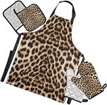 ALAZA Leopard Print Cheetah Pattern Waterproof Apron w/Pockets Oven Mitts Set Pot Holders Kitchen Linen Sets, Leopard, One size