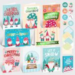 Decorably 16 Pack Foiled Gnome Christmas Cards with Envelopes & Stickers - 8 Designs Printed Message Inside Boxed Gnomes Kids Christmas Cards, 5x7in Gnomes Christmas Cards for Kids with Envelopes