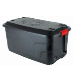 Strata Heavy Duty Large Storage Box with Lid, 110L, Lockable storage box, Indoor and Outdoor Storage, Storage Box with Wheels, Black Storage Box with Red Handles